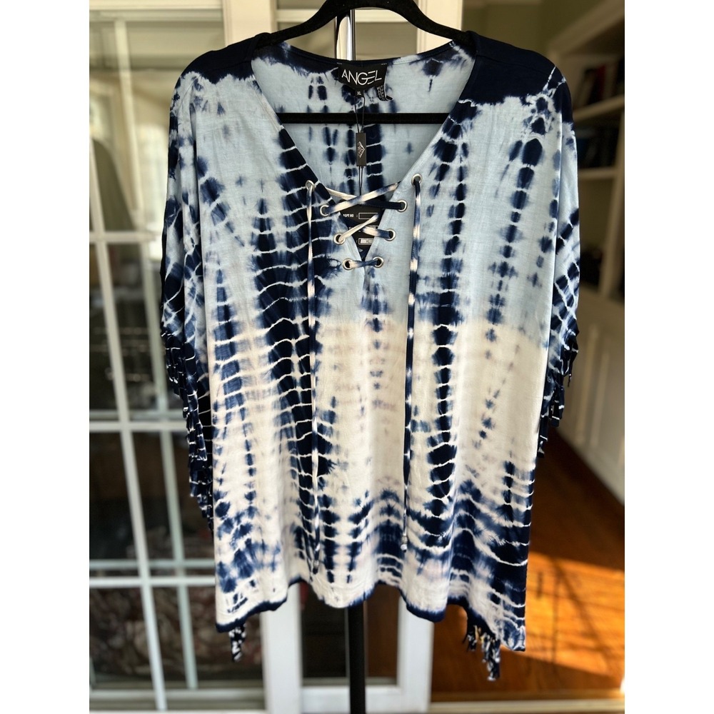 Angel Apparel Tie Dye Blue Black White Fringed Tunic Cover Up Poncho Bobo EUC XL